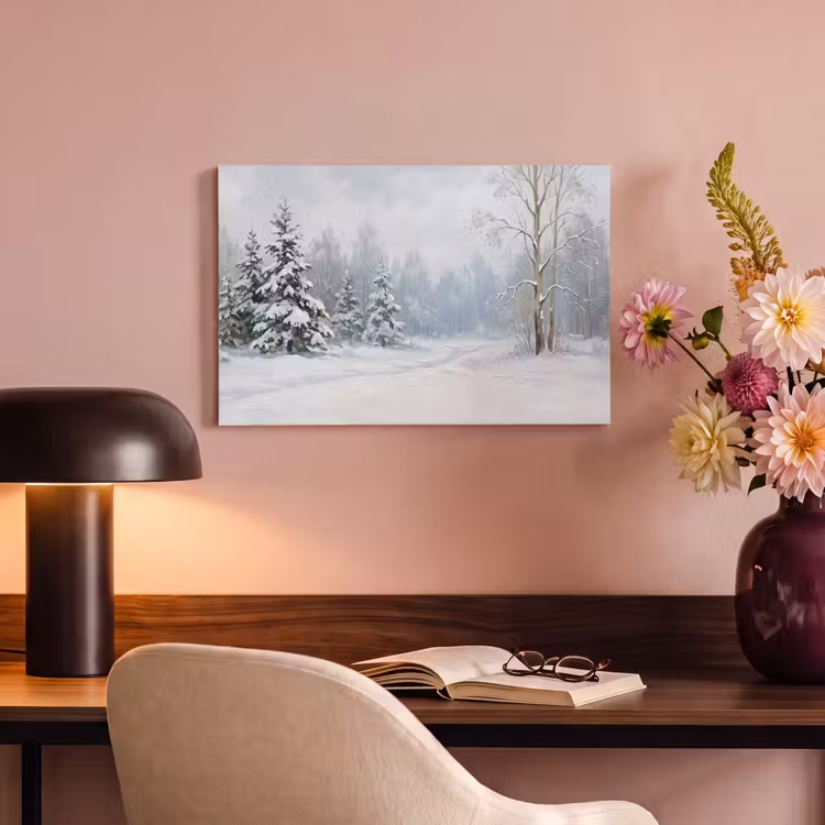 Bospad - Dennen - Sneeuw - Winter - Rustgevend canvas 2cm klein -sfeer4