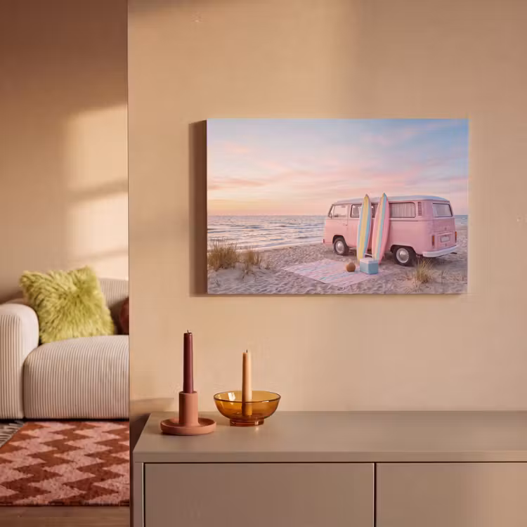 Busje - Strand - Surfplank - Zomer - Roze canvas 2cm klein -sfeer1