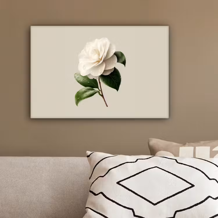 Cameliabloem - Wit - Groen canvas 2cm klein -sfeer3