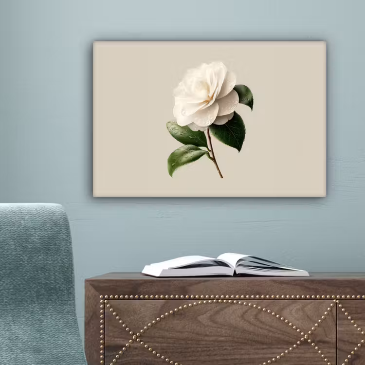 Cameliabloem - Wit - Groen canvas 2cm klein -sfeer4