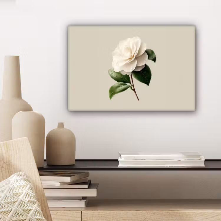 Cameliabloem - Wit - Groen canvas 2cm klein -sfeer6