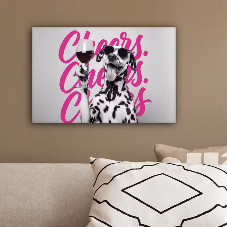 Cheers - Hond - Roze - Wijn canvas 2cm klein -sfeer3
