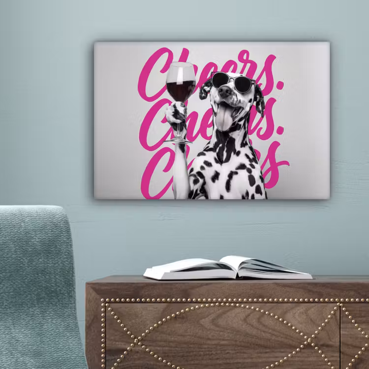 Cheers - Hond - Roze - Wijn canvas 2cm klein -sfeer4