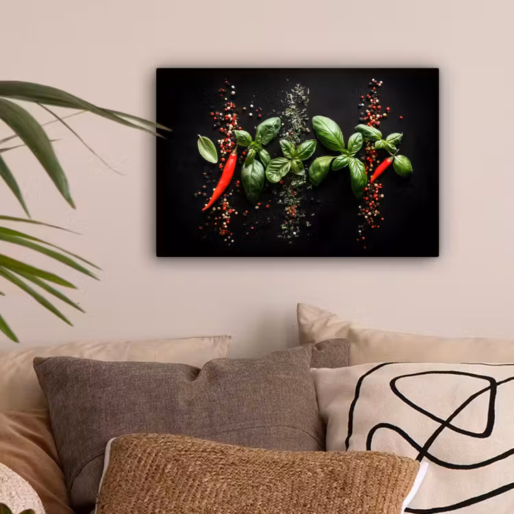 Chilipepers - Basilicum - Blaadjes - Rood canvas 2cm klein -sfeer1
