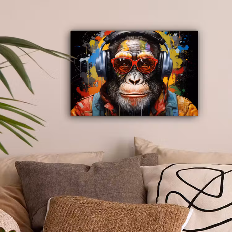 Chimpansee - Aap - dieren - Graffiti - Bril - Koptelefoon - Kleuren canvas 2cm klein -sfeer1