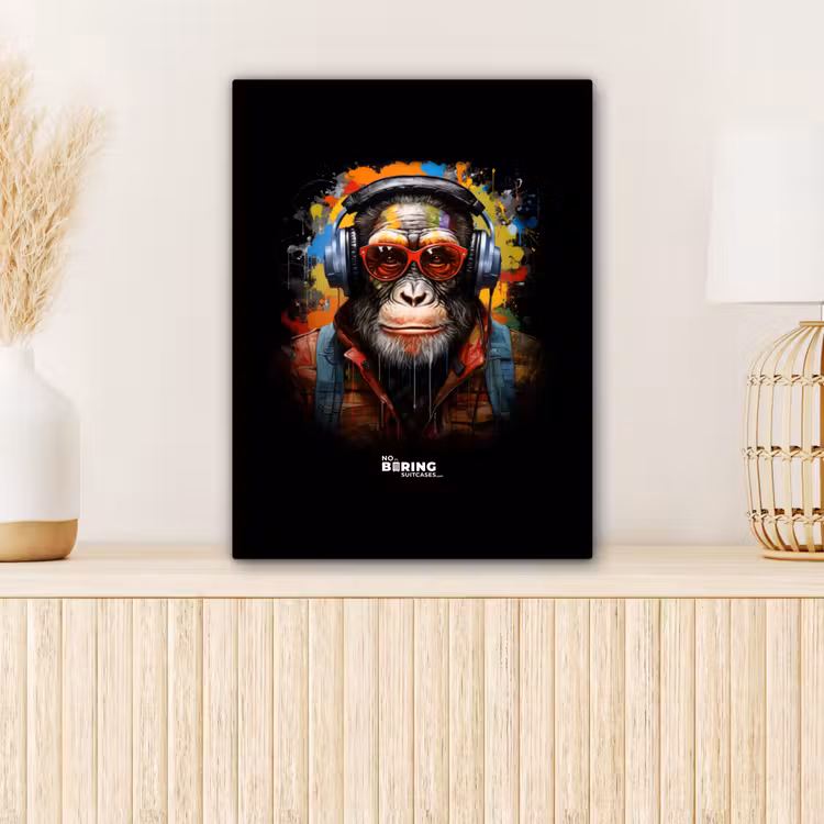 Chimpansee met koptelefoon en graffiti-spray canvas 2cm klein -sfeer5