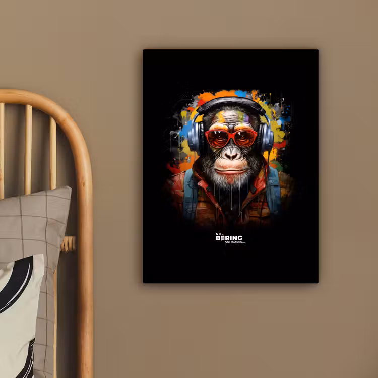 Chimpansee met koptelefoon en graffiti-spray canvas 2cm klein -sfeer3