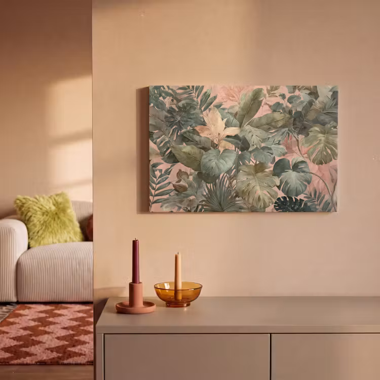 Compositie van bladeren - Groen - Roze canvas 2cm klein -sfeer1