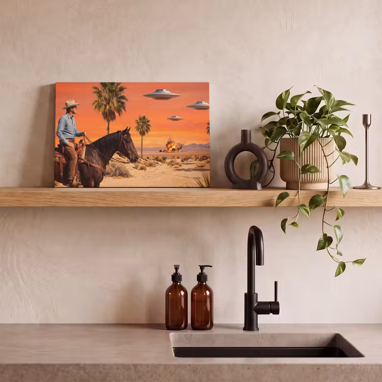 Canvas schilderij - Cowboy - Paard - Woestijn - Cowboy - Paard - Woestijn canvas 2cm klein