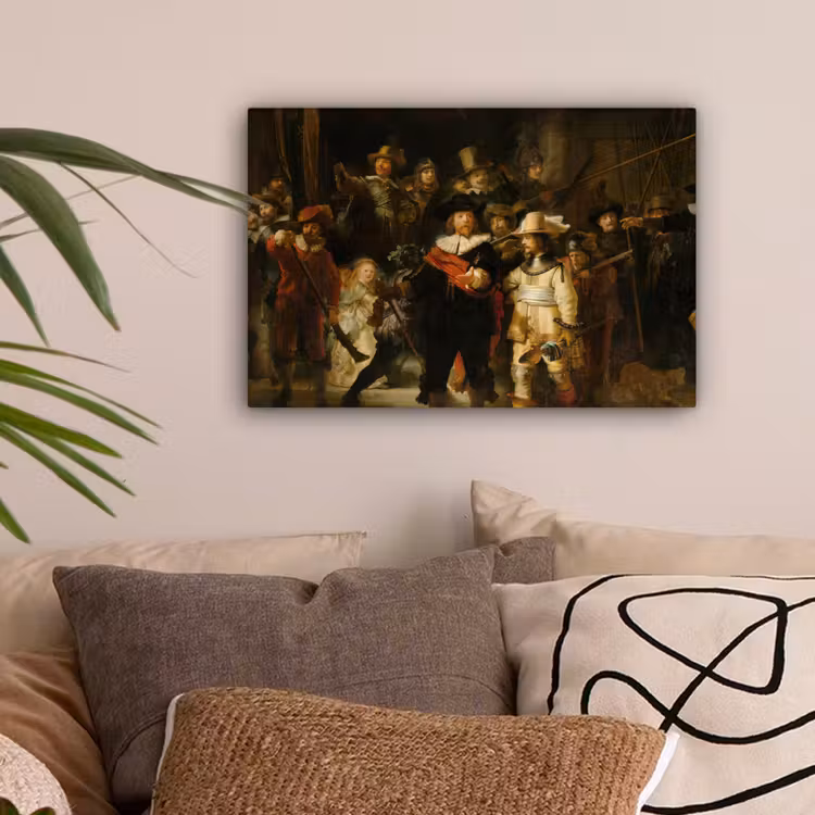 De Nachtwacht - Schilderij van Rembrandt van Rijn canvas 2cm klein -sfeer1