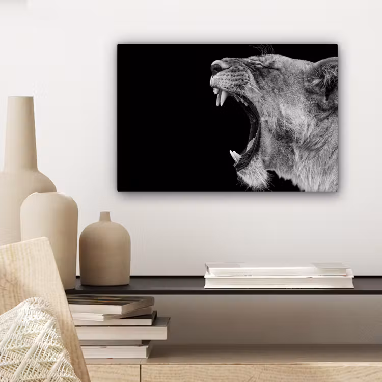 Dieren - Leeuw - Zwart - Wit - Portret canvas 2cm klein -sfeer6