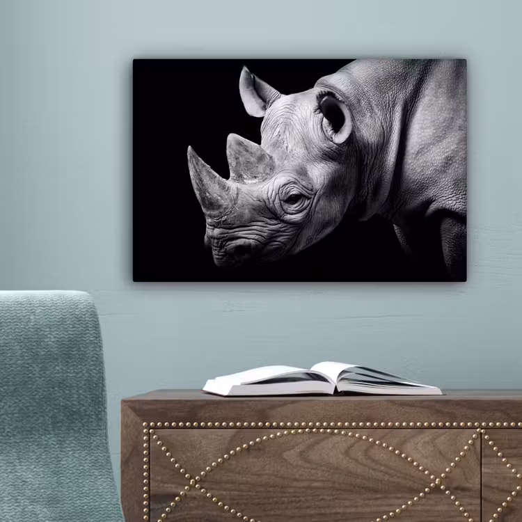 Dieren - Neushoorn - Zwart - Wit - Portret canvas 2cm klein -sfeer4