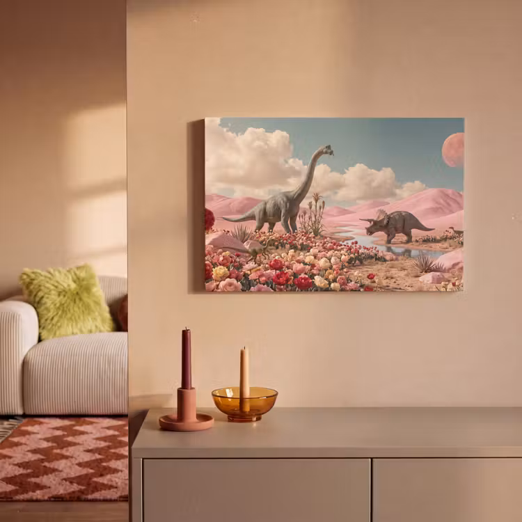 Canvas schilderij - Dinosaurus - Roze - Landschap - Dinosaurus - Roze - Landschap canvas 2cm klein