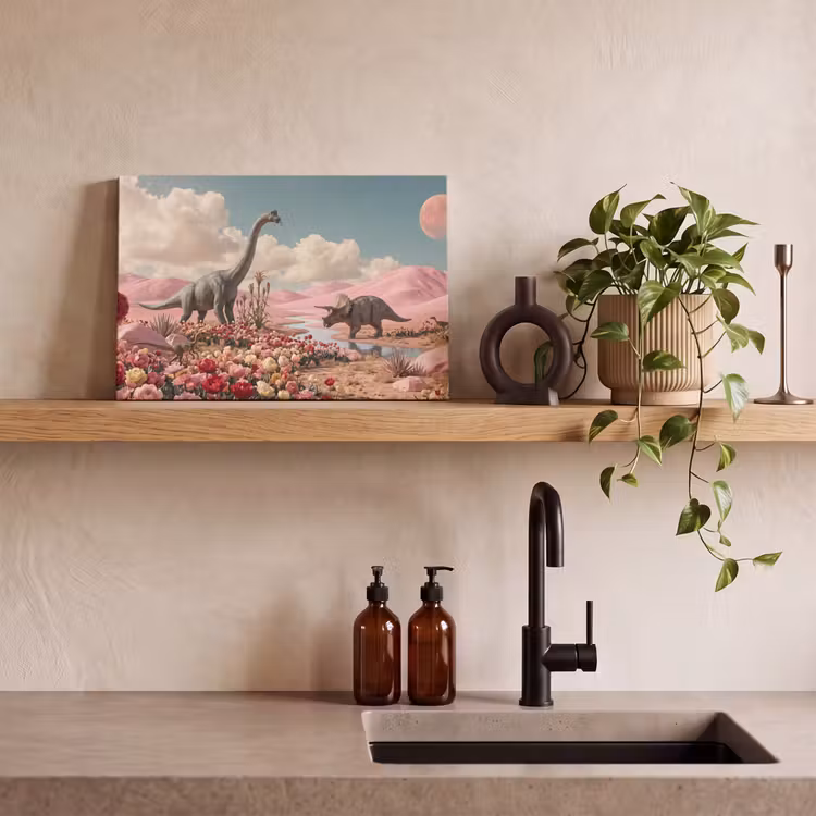 Canvas schilderij - Dinosaurus - Roze - Landschap - Dinosaurus - Roze - Landschap canvas 2cm klein