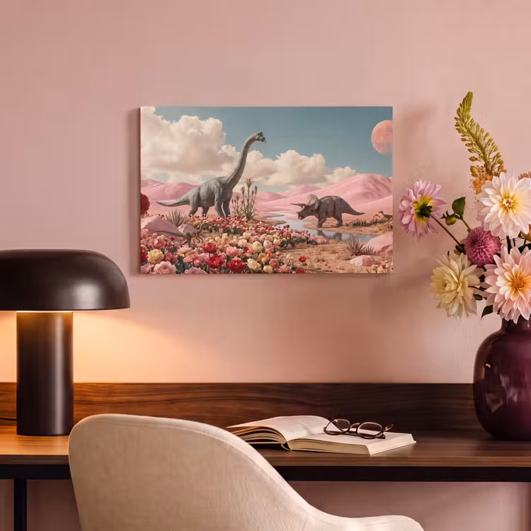 Canvas schilderij - Dinosaurus - Roze - Landschap - Dinosaurus - Roze - Landschap canvas 2cm klein