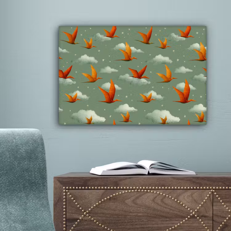 Dinosaurussen - Wolken - Sterren - Oranje canvas 2cm klein -sfeer4