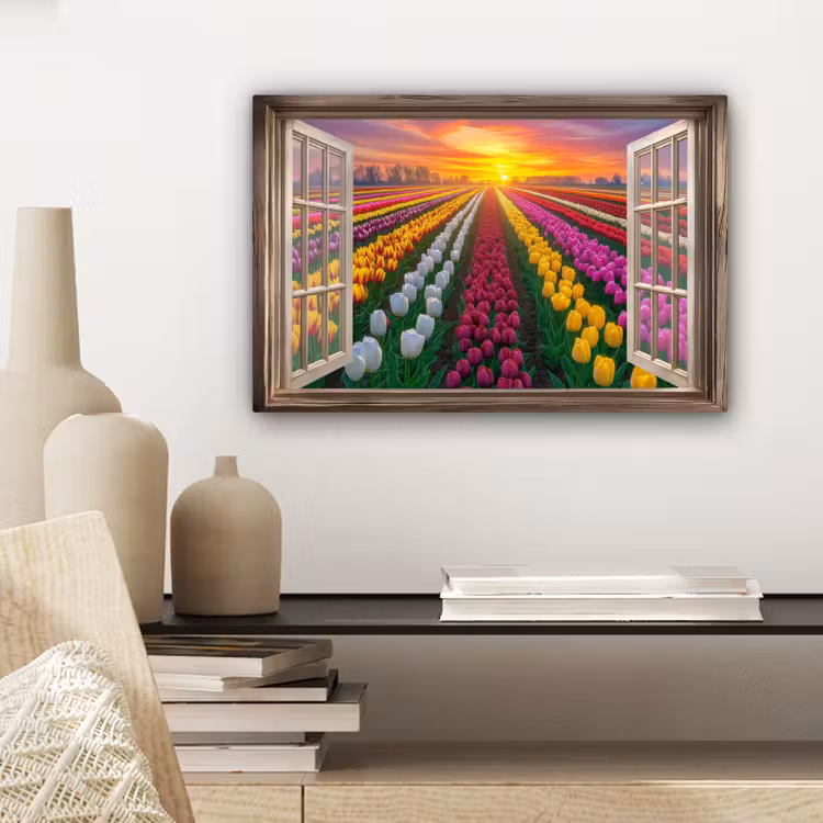 Doorkijk - Bloemen - Tulpen - Kleurrijk - Zonsondergang canvas 2cm klein -sfeer6