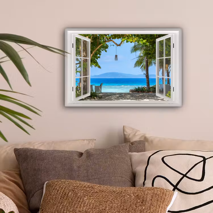 Doorkijk - Boom - Zee - Palmboom - Heuvels - Strand - Blauw canvas 2cm klein -sfeer1