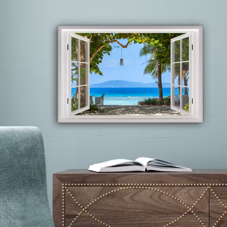Doorkijk - Boom - Zee - Palmboom - Heuvels - Strand - Blauw canvas 2cm klein -sfeer4