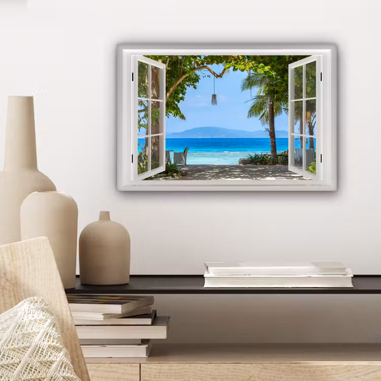 Doorkijk - Boom - Zee - Palmboom - Heuvels - Strand - Blauw canvas 2cm klein -sfeer6