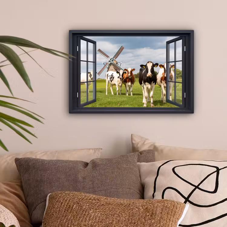 Doorkijk - Koe - Molen - Koeien - Weiland - Gras - Groen canvas 2cm klein -sfeer1