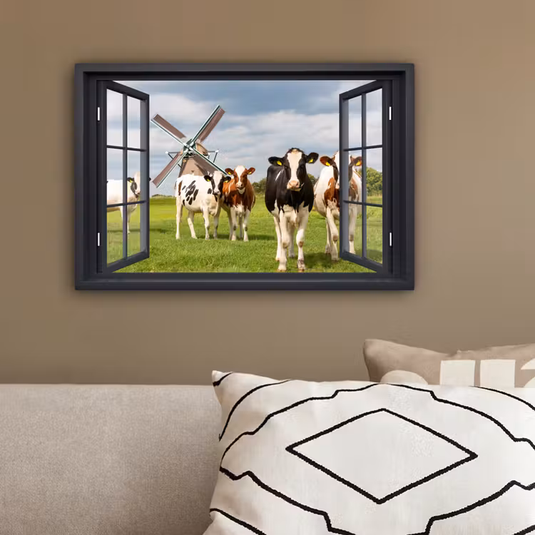 Doorkijk - Koe - Molen - Koeien - Weiland - Gras - Groen canvas 2cm klein -sfeer3
