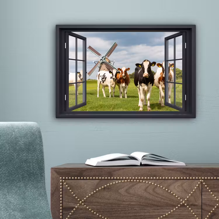 Doorkijk - Koe - Molen - Koeien - Weiland - Gras - Groen canvas 2cm klein -sfeer4