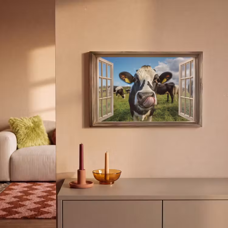 Doorkijk - Koe - Weiland - Dieren - Natuur canvas 2cm klein -sfeer1