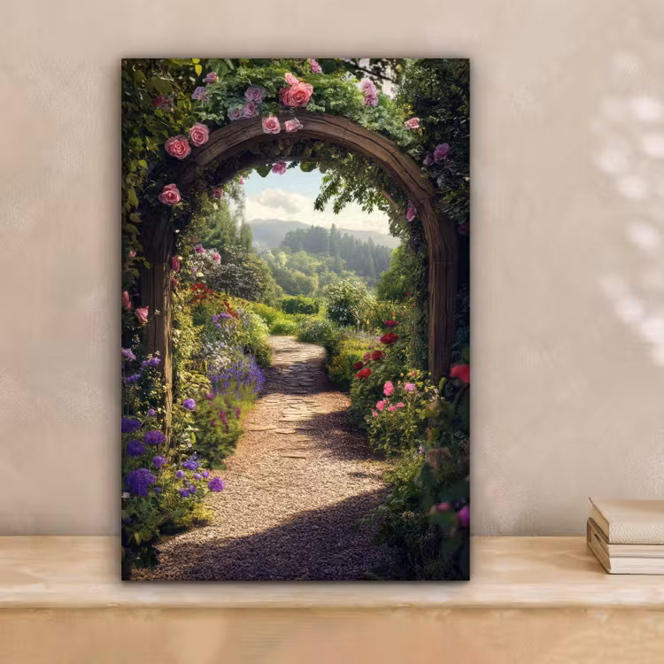 Doorkijk - Landschap - Bloemen - Rozenboog - Natuur canvas 2cm klein -sfeer1