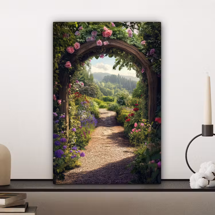Doorkijk - Landschap - Bloemen - Rozenboog - Natuur canvas 2cm klein -sfeer6