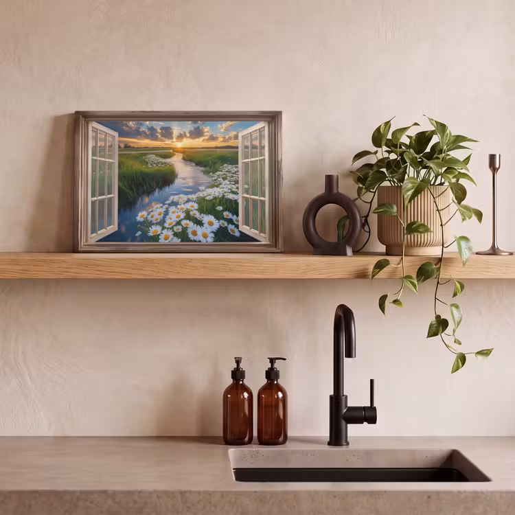 Doorkijk - Landschap - Raam - Water - Zonsondergang canvas 2cm klein -sfeer3