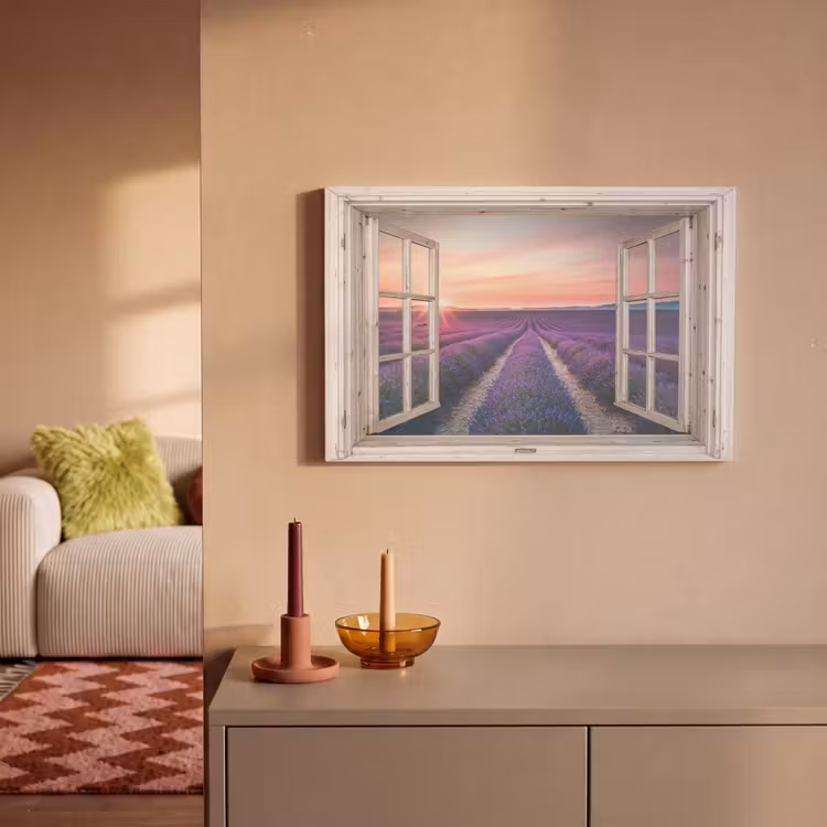 Doorkijk - Lavendel - Bloemen - Hout - Zonsondergang - Paars canvas 2cm klein -sfeer1