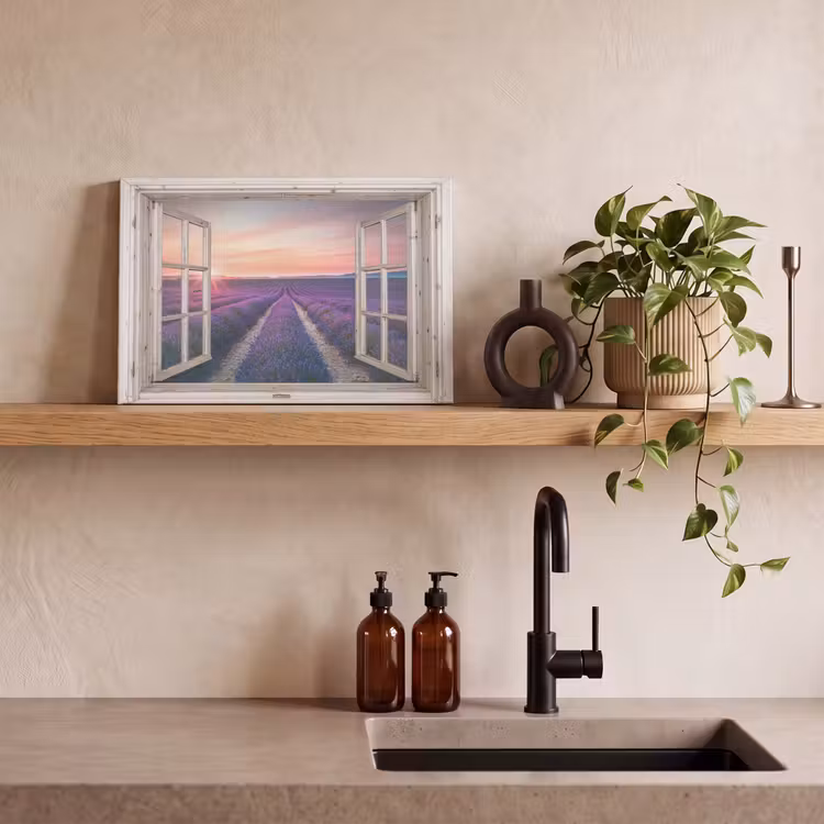 Doorkijk - Lavendel - Bloemen - Hout - Zonsondergang - Paars canvas 2cm klein -sfeer3