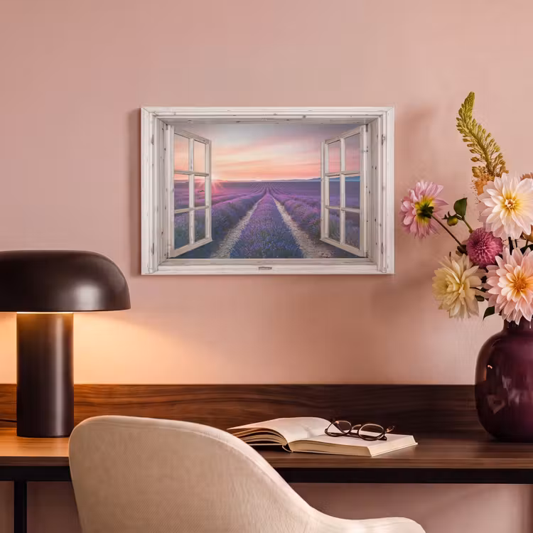 Doorkijk - Lavendel - Bloemen - Hout - Zonsondergang - Paars canvas 2cm klein -sfeer4
