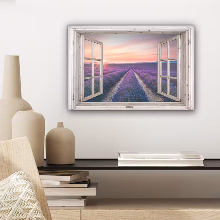 Doorkijk - Lavendel - Bloemen - Hout - Zonsondergang - Paars canvas 2cm klein -sfeer6