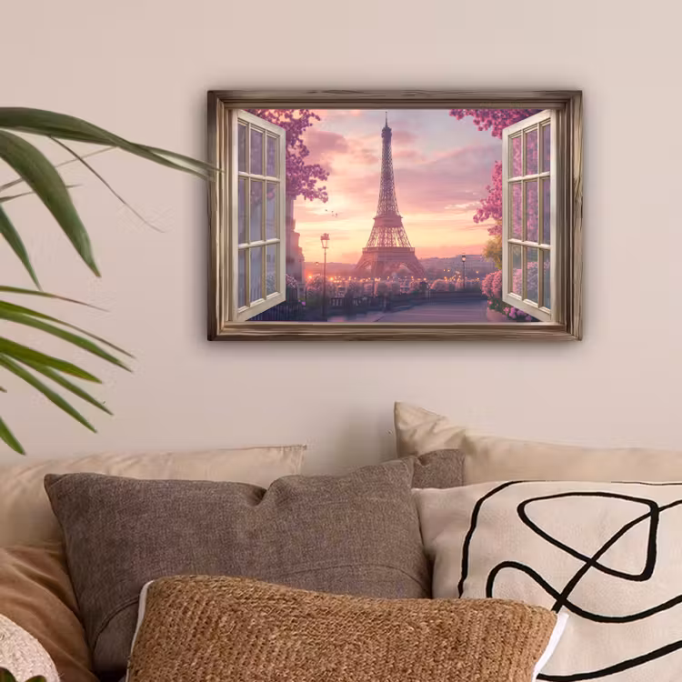 Doorkijk - Parijs - Eiffeltoren - Roze - Kersenbloesem canvas 2cm klein -sfeer1