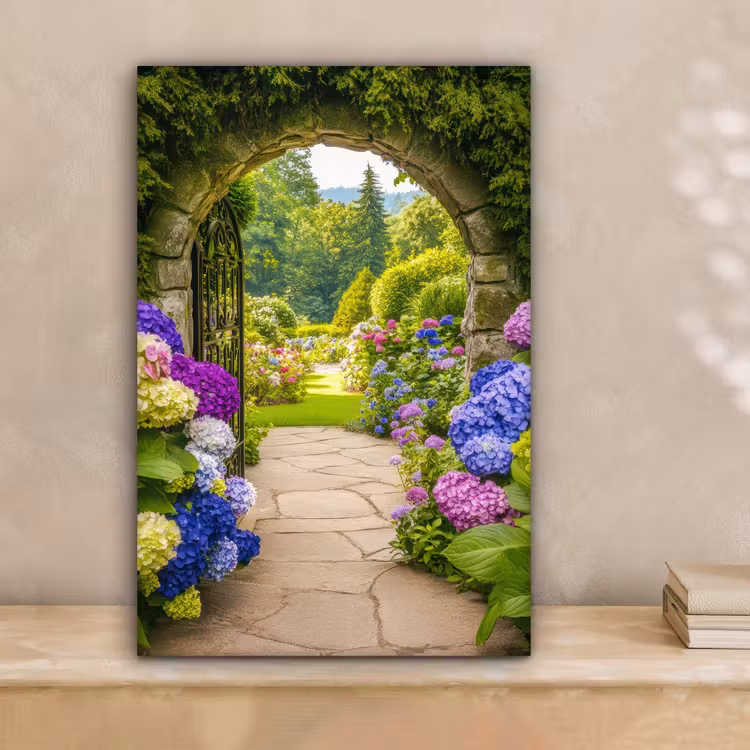 Doorkijk - Poort - Hortensia - Bloementuin canvas 2cm klein -sfeer1