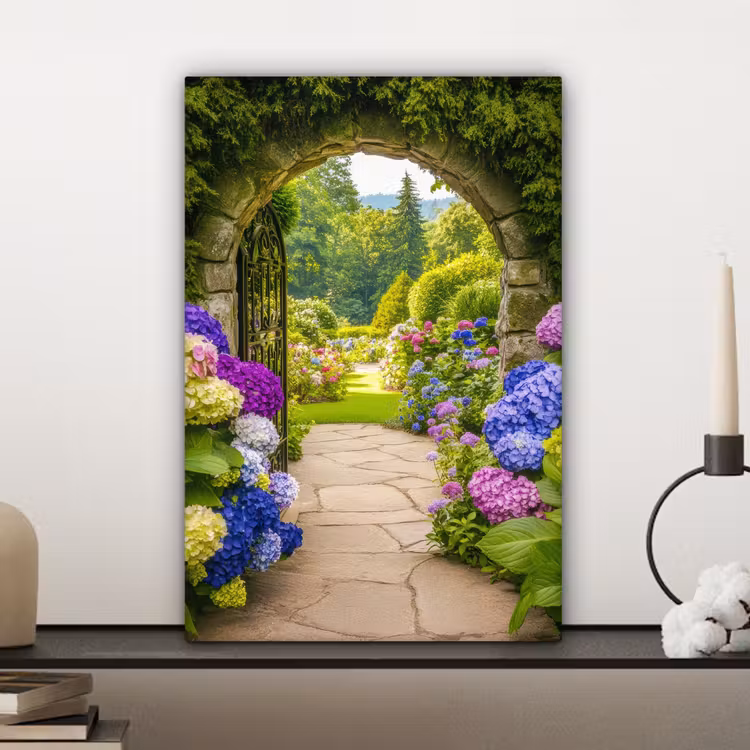 Doorkijk - Poort - Hortensia - Bloementuin canvas 2cm klein -sfeer6