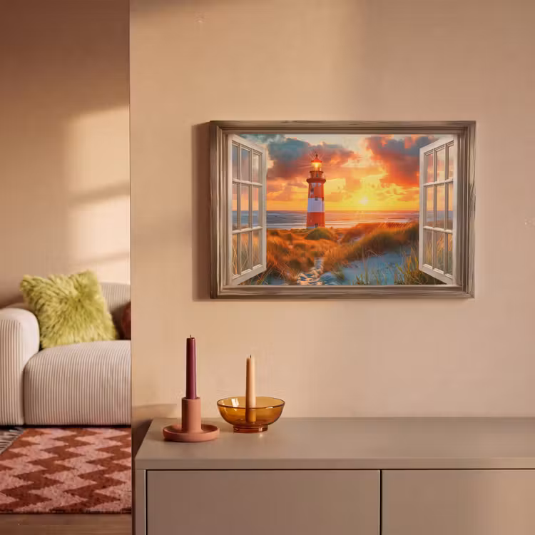 Doorkijk - Raam - Vuurtoren - Zonsondergang - Strand canvas 2cm klein -sfeer1
