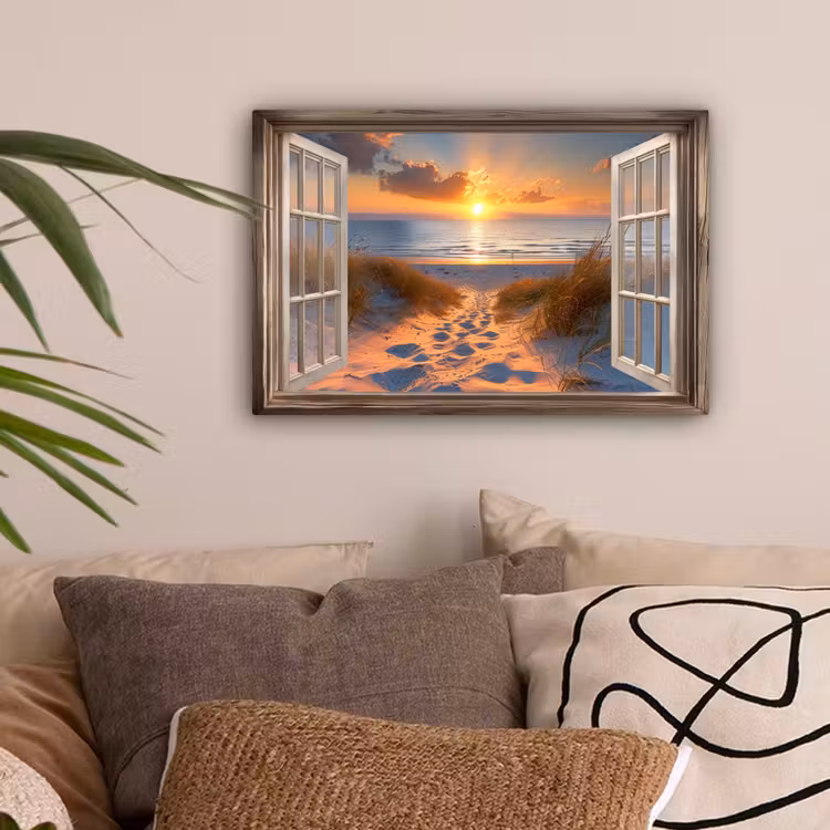 Doorkijk - Strand - Duinen - Zonsondergang canvas 2cm klein -sfeer1