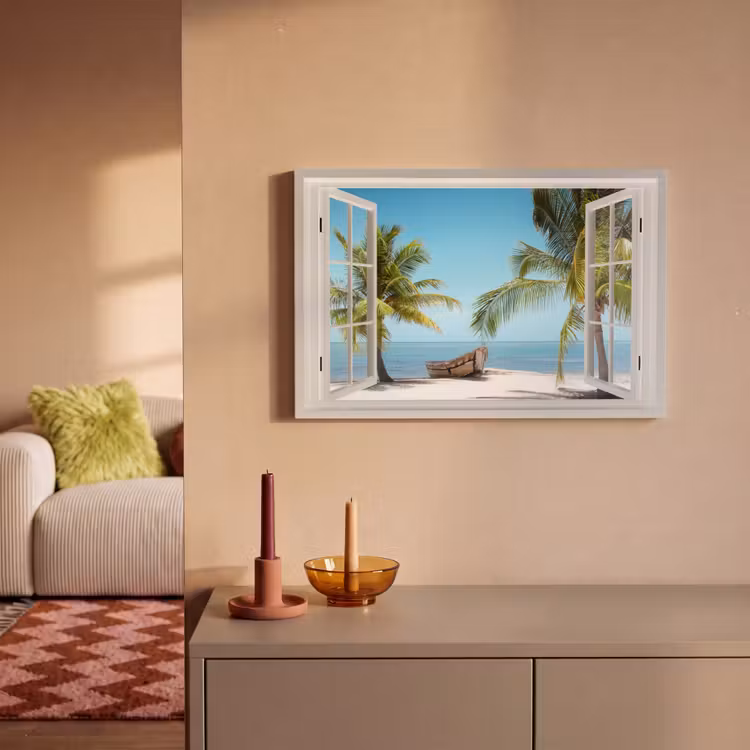 Doorkijk - Strand - Palmboom - Boot - Tropisch - Zee - Blauw canvas 2cm klein -sfeer1