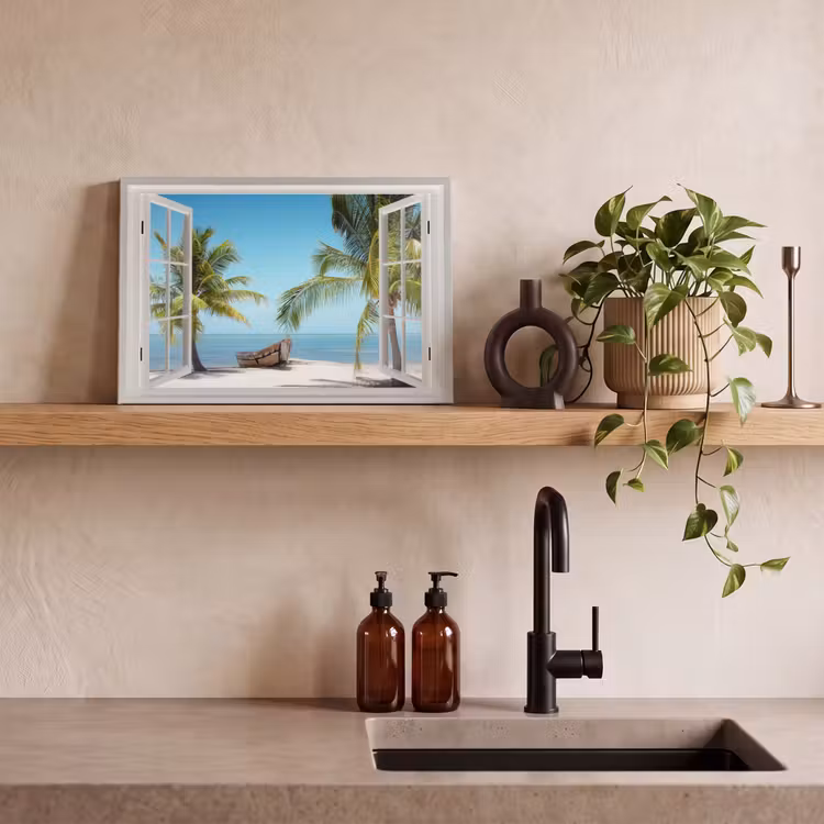 Doorkijk - Strand - Palmboom - Boot - Tropisch - Zee - Blauw canvas 2cm klein -sfeer3
