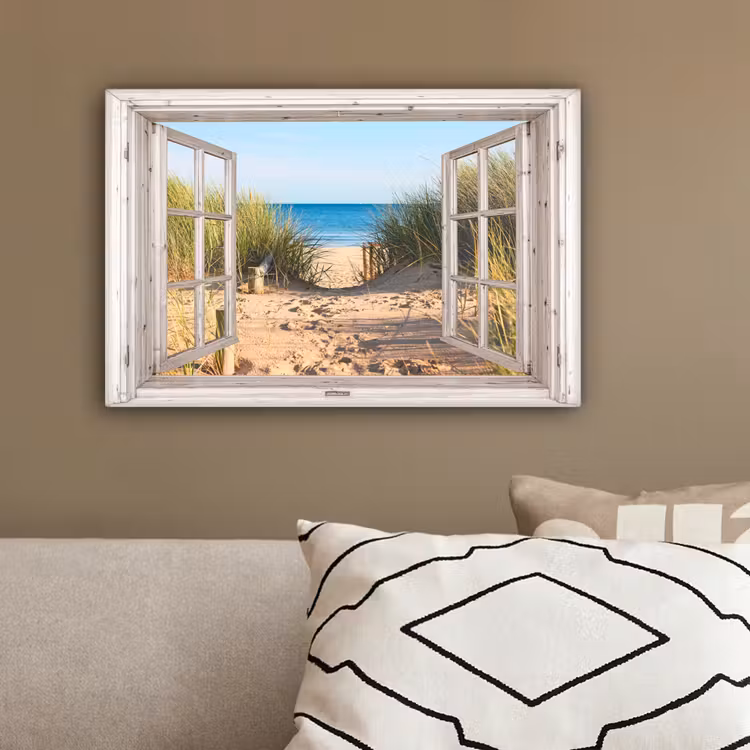 Doorkijk - Strand - Zee - Duinen - Zand - Water - Helmgras canvas 2cm klein -sfeer3