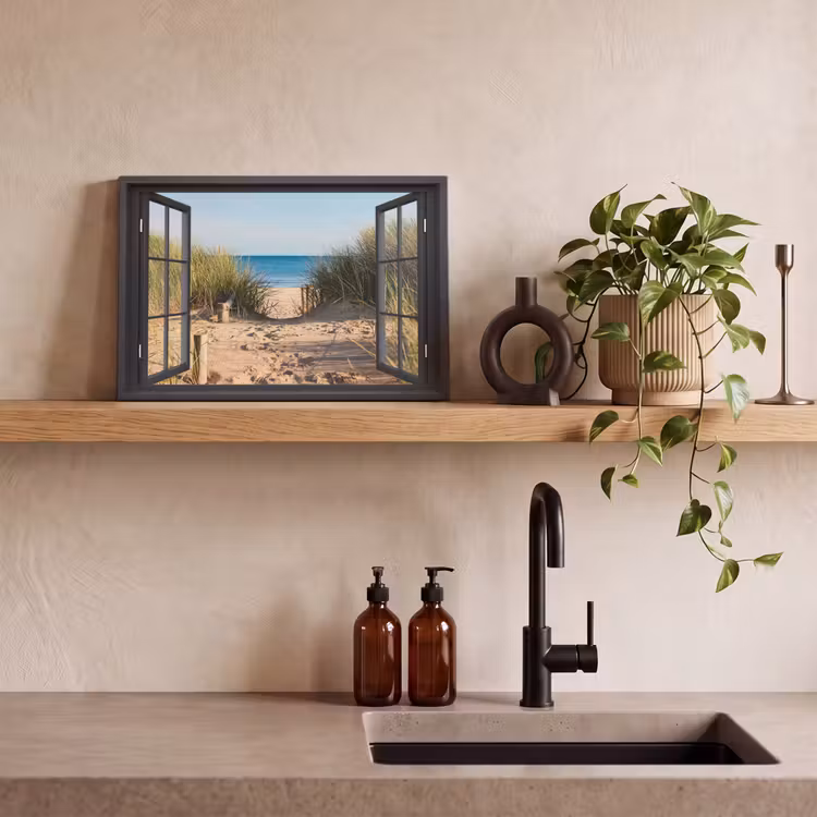 Doorkijk - Strand - Zee - Zand - Water - Helmgras - Duinen canvas 2cm klein -sfeer3