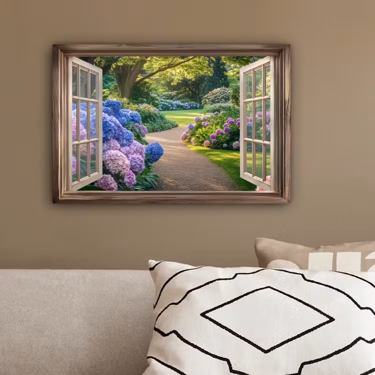 Doorkijk - Tuin - Raam - Hortensia - Bloemen canvas 2cm klein -sfeer3