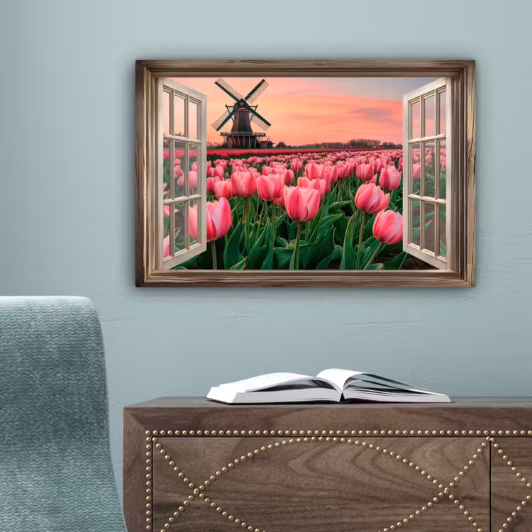 Doorkijk - Tulpen - Bloemen - Molen - Raam canvas 2cm klein -sfeer4