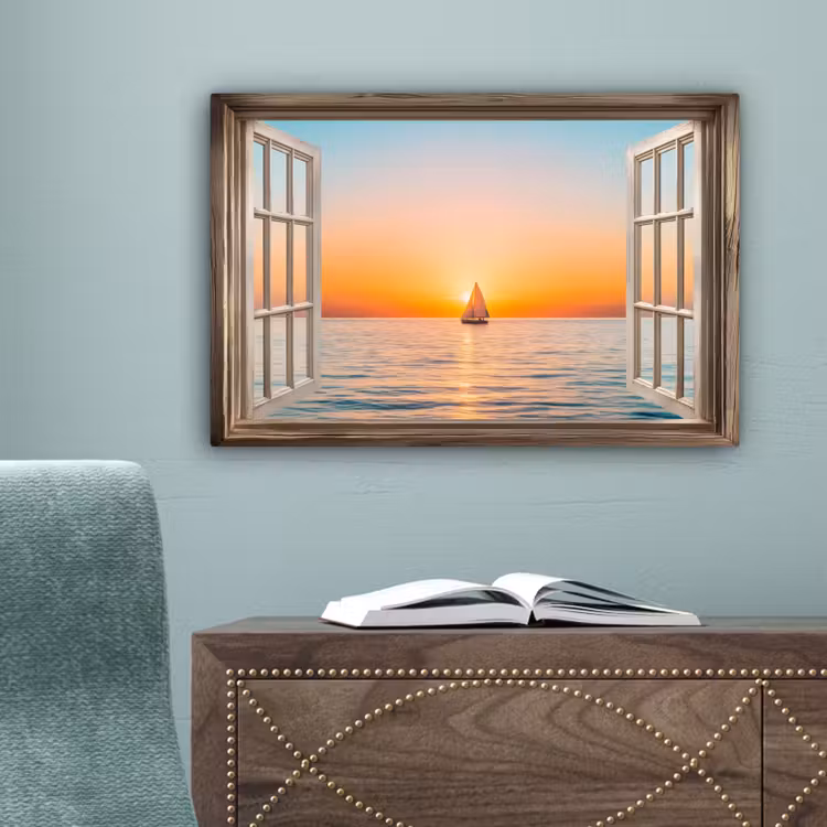 Doorkijk - Zee - Boot - Zonsondergang canvas 2cm klein -sfeer4