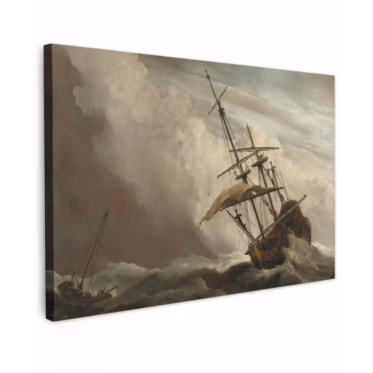 Een schip in volle zee bij vliegende storm - Schilderij van Willem van de Velde canvas 2cm klein -z3d