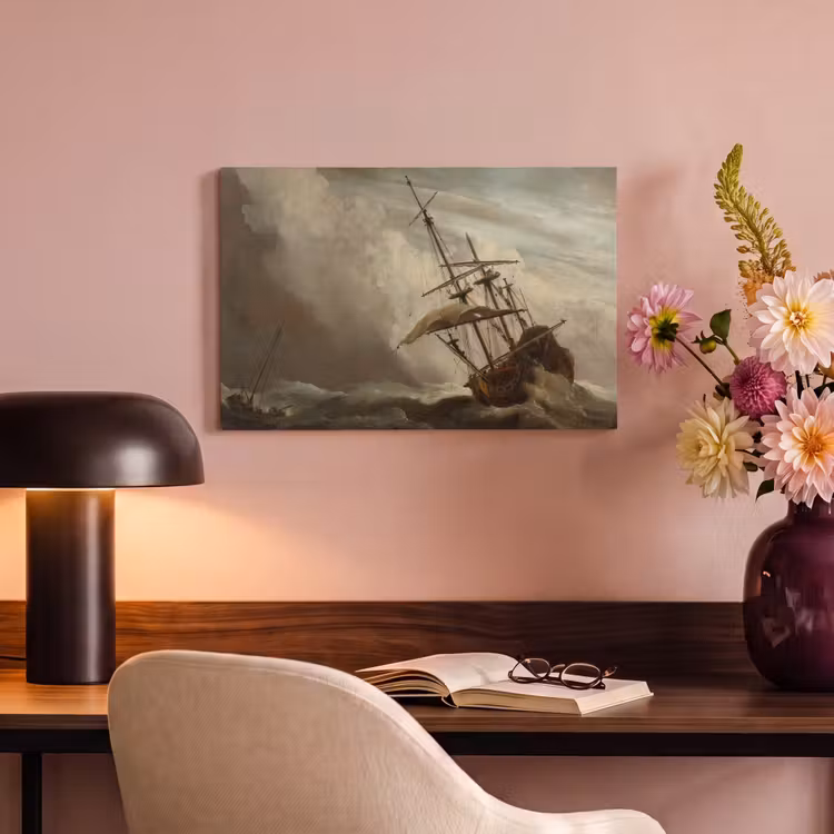 Een schip in volle zee bij vliegende storm - Schilderij van Willem van de Velde canvas 2cm klein -sfeer4