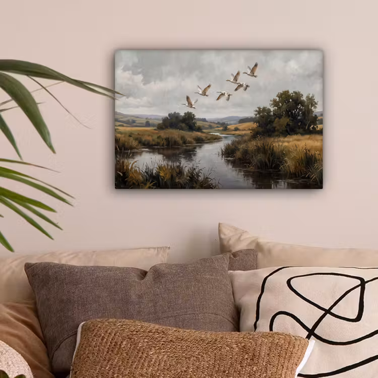 Eenden - Rivier - Landschap - Vlucht - Nostalgisch canvas 2cm klein -sfeer1
